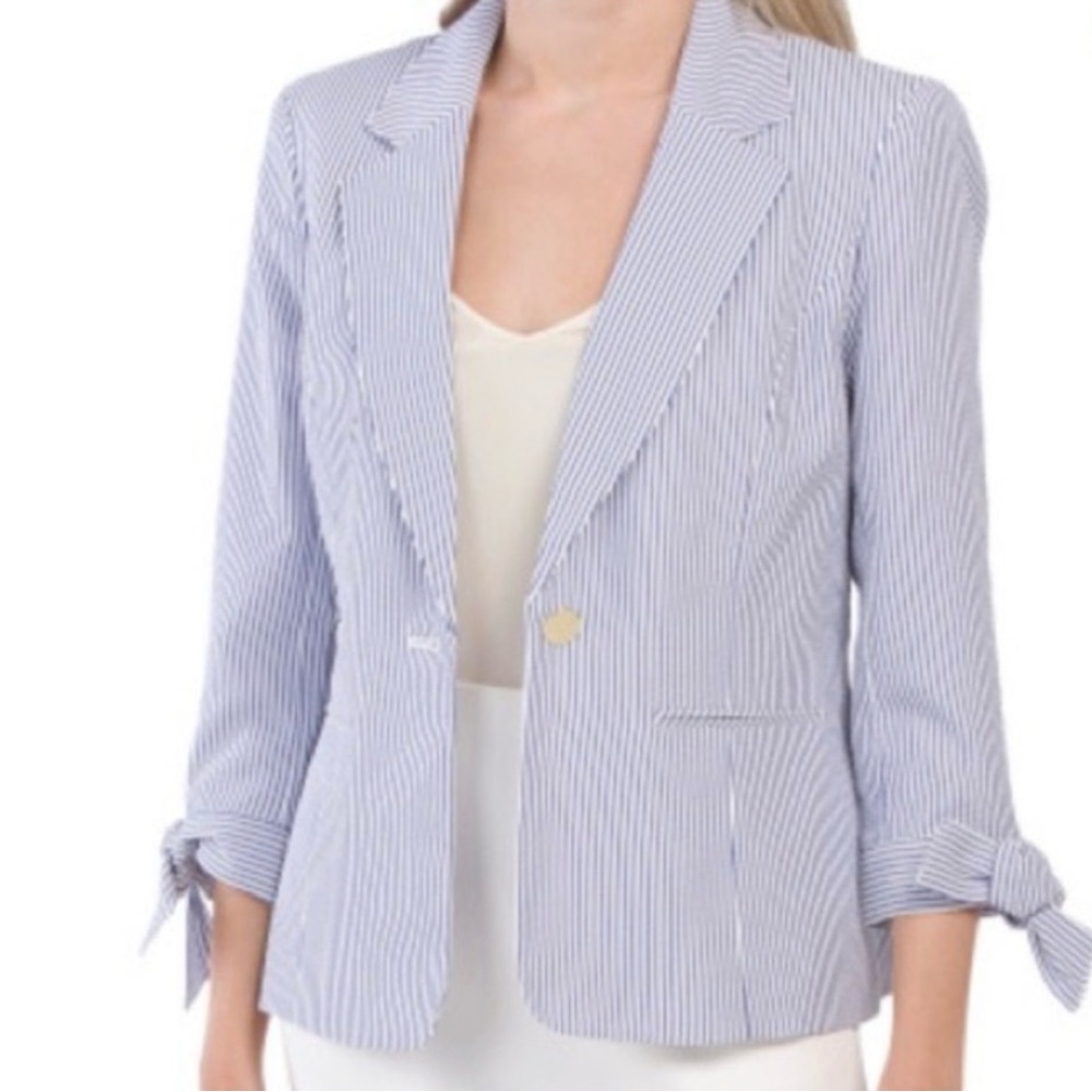 Ann Klein Women Cobalt / White Striped Blazer Size XL